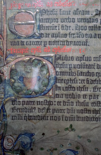 Detalle de la Biblia de Gutenberg del siglo XV, de la apertura de Efesios de Johannes Gutenburg