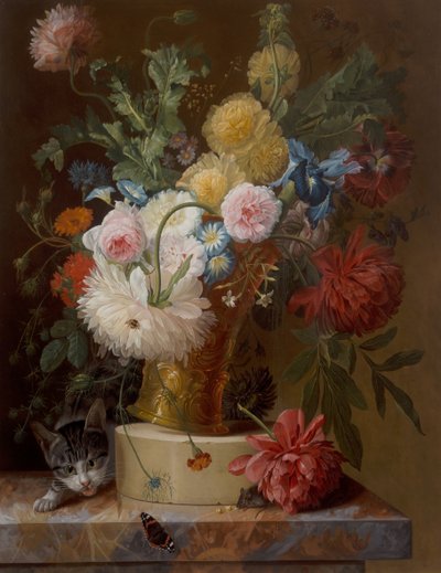 Bodegón de flores en una cornisa con un gato de Johannes Hendrick Fredriks
