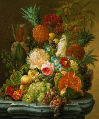 Naturaleza muerta con melón y uvas de Johannes Hendrick Fredriks