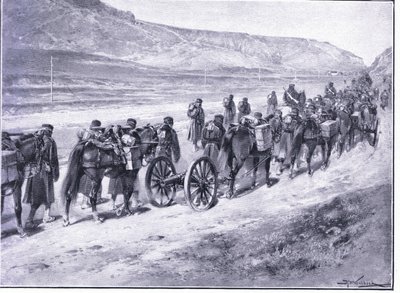 Una batería de cañones de campaña en camino a Ichon, ilustración de Cassells History of the Russo-Japanese War Vol 1, c.1900 de Johannes Hermann Barend Koekkoek