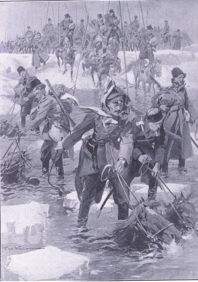 Una hazaña de equitación. Caballería rusa cruzando un río, ilustración de Cassells History of the Russo-Japanese War Vol 1, c.1900 de Johannes Hermann Barend Koekkoek