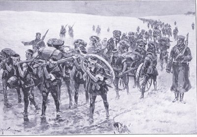 Japoneses en marcha. Hombres en lugar de ponis de carga, ilustración de Cassells History of the Russo-Japanese War Vol 1, c.1900 de Johannes Hermann Barend Koekkoek