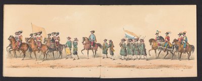 Procesión histórica de estudiantes de la Universidad de Ciencias Aplicadas de Groningen, 1850 (lámina 2) Representación disfrazada de la entrada de Maurits, Príncipe de Orange, Conde de Nassau, etc. y Willem Lodewijk, Conde de Nassau, dentro de Groningen e de Johannes Hermanus van de Weijer