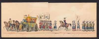 Procesión histórica de estudiantes de la Universidad de Ciencias Aplicadas de Groningen, 1850 (lámina 4) Representación disfrazada de la entrada de Maurits, Príncipe de Orange, Conde de Nassau, etc. y Willem Lodewijk, Conde de Nassau, dentro de Groningen e de Johannes Hermanus van de Weijer