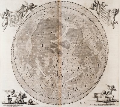 Primer mapa detallado de la Luna dibujado en 1647 por Johann Hevelius, impresión tomada del atlas celestial de Johann Hevelius 