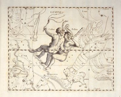 Constelación de Géminis, grabado del atlas celeste Firmamentum Sobiescianum sive Uronographia, de Johann Hevelius (1611-1687), Gdansk. de Johannes Hevelius