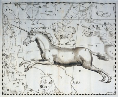 Monoceros, constelación del Unicornio, grabado del atlas celeste Firmamentum Sobiescianum sive Uronographia, de Johann Hevelius (1611-1687), Gdansk. de Johannes Hevelius