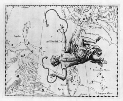 La constelación Andrómeda. Placa extraída de Firmamentum Sobiescanum sive Uranographia por Johannes Hevelius (1611-1687) de Johannes Hevelius