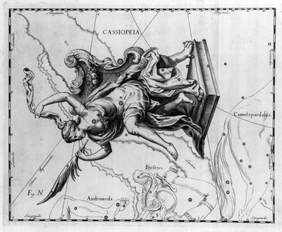 La constelación de Casiopea: Casiopea, esposa del rey de Etiopía Cefeo, sentada en una silla adornada con palmeras. Placa extraída de Firmamentum Sobiescanum sive Uranographia por Johannes Hevelius (1611-1687) de Johannes Hevelius