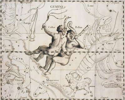 La constelación de Géminis, ilustración de Firmamentum Sobiescianum sive Uranographia, por Johann Hevelius, Gdansk 1690 de Johannes Hevelius