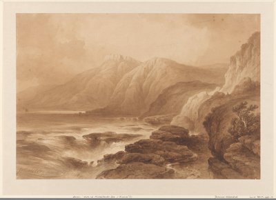 Vista de una alta costa rocosa, con una fortaleza en una de las cimas de la montaña de Johannes Hilverdink