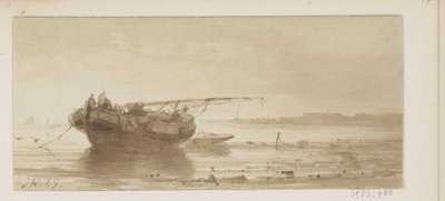 Barco con vela arriada en un río de Johannes Hilverdink