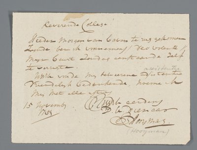 Carta del reverendo Hooyman a Jan Brandes de Johannes Hooyman