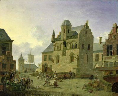 Plaza del pueblo con figuras y campesinos comerciando en un mercado de Johannes Huibert Prins