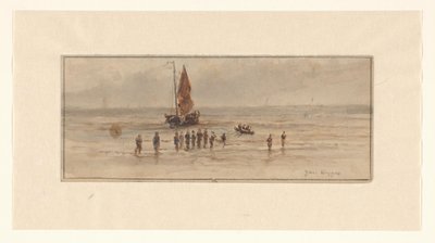 Escena de playa con pescadores y barco de vela de Johannes Huygens (signed by artist)