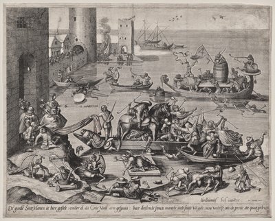 San Martín con su caballo en un barco de Johannes I van Doetecum (d. 1605)