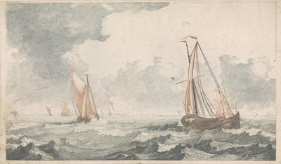 Dos barcos de fondo plano que navegan uno hacia el otro Barcos en el mar (serie A) (título de la serie) de Johannes Jacobsz van den Aveele