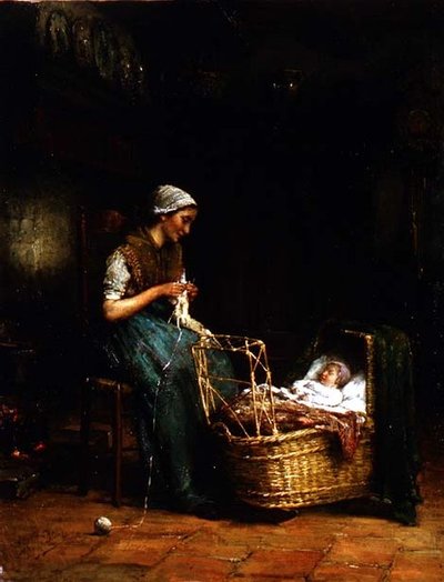 Madre e hijo en el interior de una cabaña de Johannes Jacobus Paling