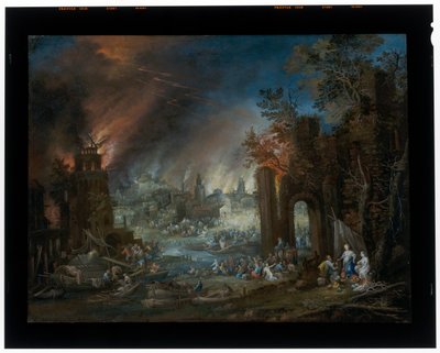 Paisaje con Lot y sus hijas y Sodoma en llamas al fondo de Johannes Jakob Hartmann