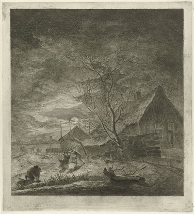 Paisaje nocturno con granja y patinadores. de Johannes Janson