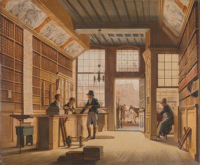La tienda del librero Pieter Meijer Warnars en Vijgendam en Ámsterdam de Johannes Jelgerhuis