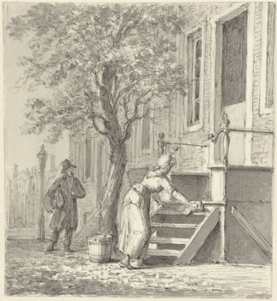 Una criada limpiando una escalera frente a una casa. de Johannes Jelgerhuis