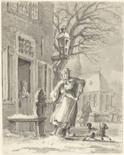 Una criada está limpiando la nieve para una casa. de Johannes Jelgerhuis