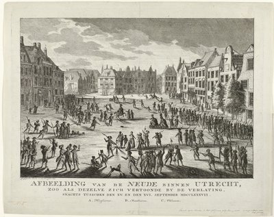 Los patriotas dejan el Neude en Utrecht, 1787 Representación de la Neude de Utrecht, tal como aparecía cuando estaba desierta en la noche del siglo XV. y el XVI. Septiembre MDCCLXXXVII (título sobre objeto) de Johannes Jelgerhuis