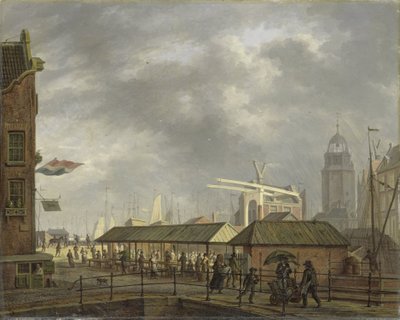 El pequeño mercado de pescado en la esquina de Brouwersgracht y Singel, Ámsterdam de Johannes Jelgerhuis