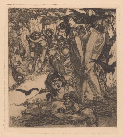 Paisaje boscoso con personas, cuervos y sátiros de Johannes Josephus Aarts