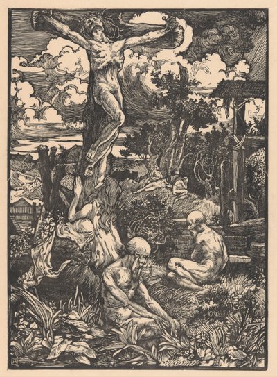 Hombre crucificado en un paisaje de colinas de Johannes Josephus Aarts
