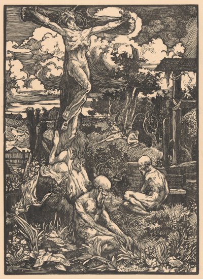 Hombre crucificado en un paisaje de colinas de Johannes Josephus Aarts