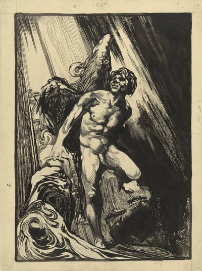 Lucifer en un paisaje rocoso junto a un arroyo, mirando hacia la luz de Johannes Josephus Aarts