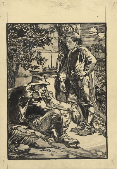 Dos trabajadores del dique, uno sentado, el otro apoyado en un árbol de Johannes Josephus Aarts