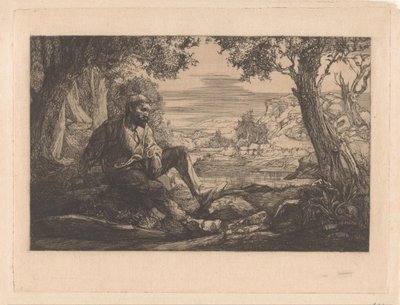 Hombre sentado en un paisaje de colinas de Johannes Josephus Aarts
