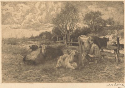 Paisaje con vacas de Johannes Karel Leurs (signed by artist)