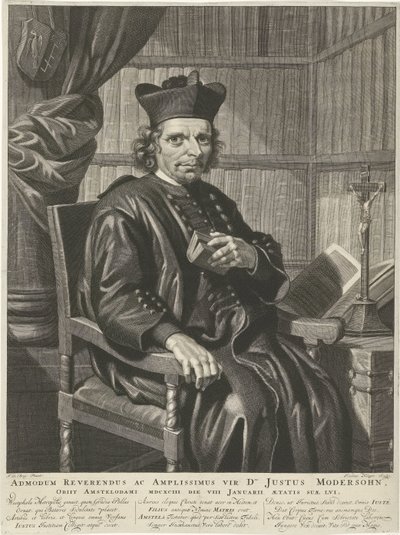 Portret van de pastor Justus Modersohn El Muy Reverendo y Gran Hombre Sr. Justus Modersohn, Murió en Amsterdam, 1693, el 8 de enero de su quinto año (título sobre el objeto) de Johannes Klopper