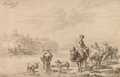 Mujer sentada en una mula, 1769 de Johannes Kornlein