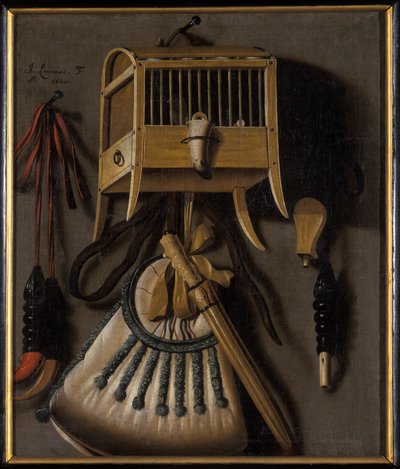 Naturaleza muerta con equipo de captura de aves, 1660 de Johannes Leemans
