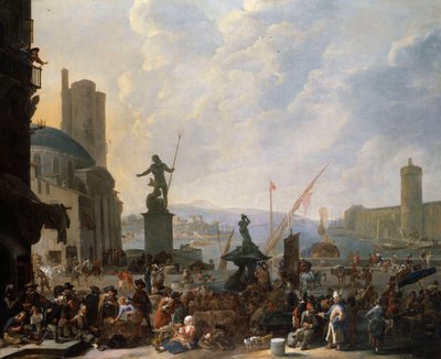 Un Capricho de un Puerto Mediterráneo con la Fuente de Tritón de Bernini, y un Capricho del Palais du Louvre, 1651 de Johannes Lingelbach