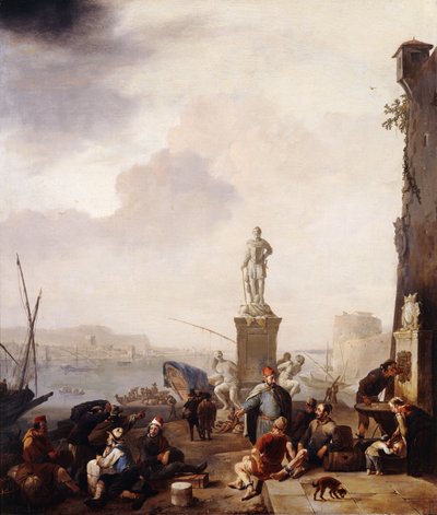 Un puerto mediterráneo con el monumento del Gran Duque Ferdinando I de Toscana en Livorno de Johannes Lingelbach