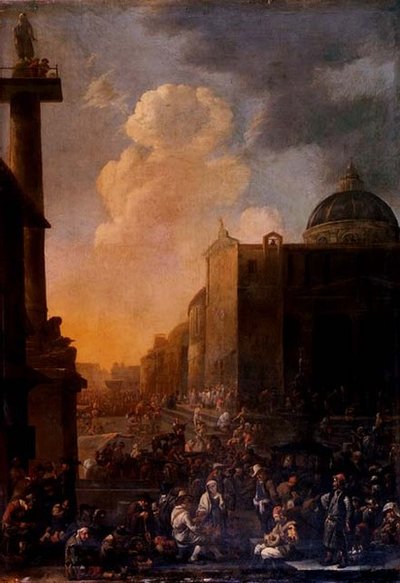 Vista caprichosa de una plaza romana de Johannes Lingelbach
