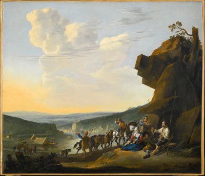 Alemán: Südliche Landschaft mit Fähre Paisaje meridional con vistas a una bahía, con viajeros descansando. de Johannes Lingelbach