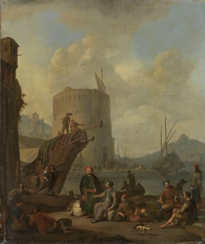 Puerto italiano con una torre fortificada de Johannes Lingelbach