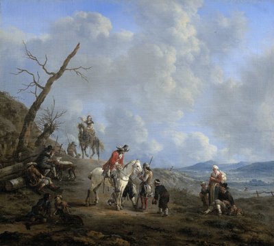 Paisaje con jinetes, cazadores y campesinos de Johannes Lingelbach