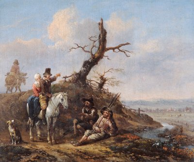 Paisaje con viajeros descansando y pareja a caballo de Johannes Lingelbach