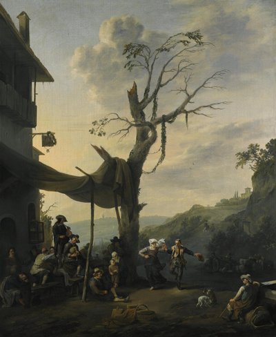Paisaje montañoso con campesinos bailando y tocando música ante una posada de Johannes Lingelbach