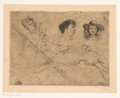 Estudio de una mujer en tumbona y dos cabezas de Johannes Löhr