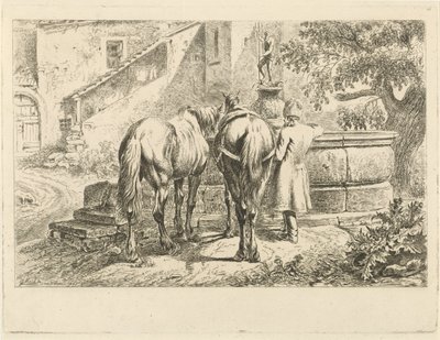 Caballos bebiendo junto a una fuente de Johannes Mock