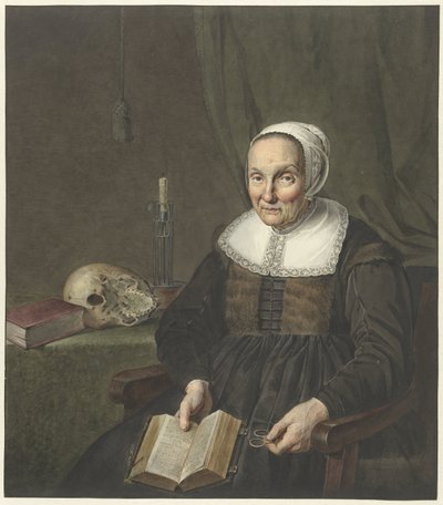 Retrato de una anciana sentada con un libro abierto de Johannes Pieter de Frey